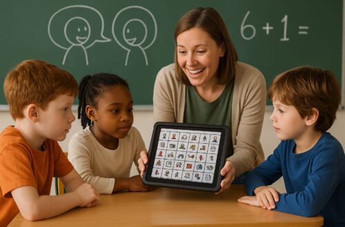 In una classe scolastica vivace e inclusiva, asacom sorridente con capelli castani utilizza gli strumenti digitali di Comunicazione Aumentativa Alternativa (CAA) per coinvolgere tre alunni seduti attorno ad un banco