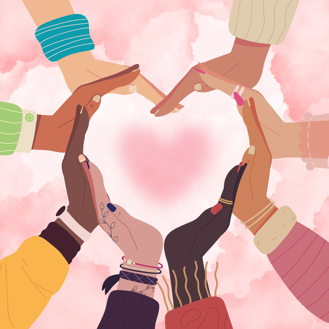 Il museo rappresentato da competenze digitali a favore dell'inclusione scolastica: mani di colori diversi che unite formano un cuore