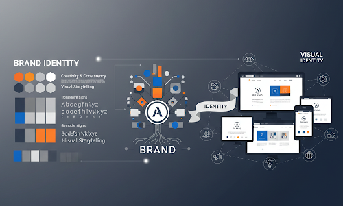 l'immagine descrive il concetto di identità visiva di un brand avvalendosi di icone, colori, font ed elementi riconducibili al concetto identitario