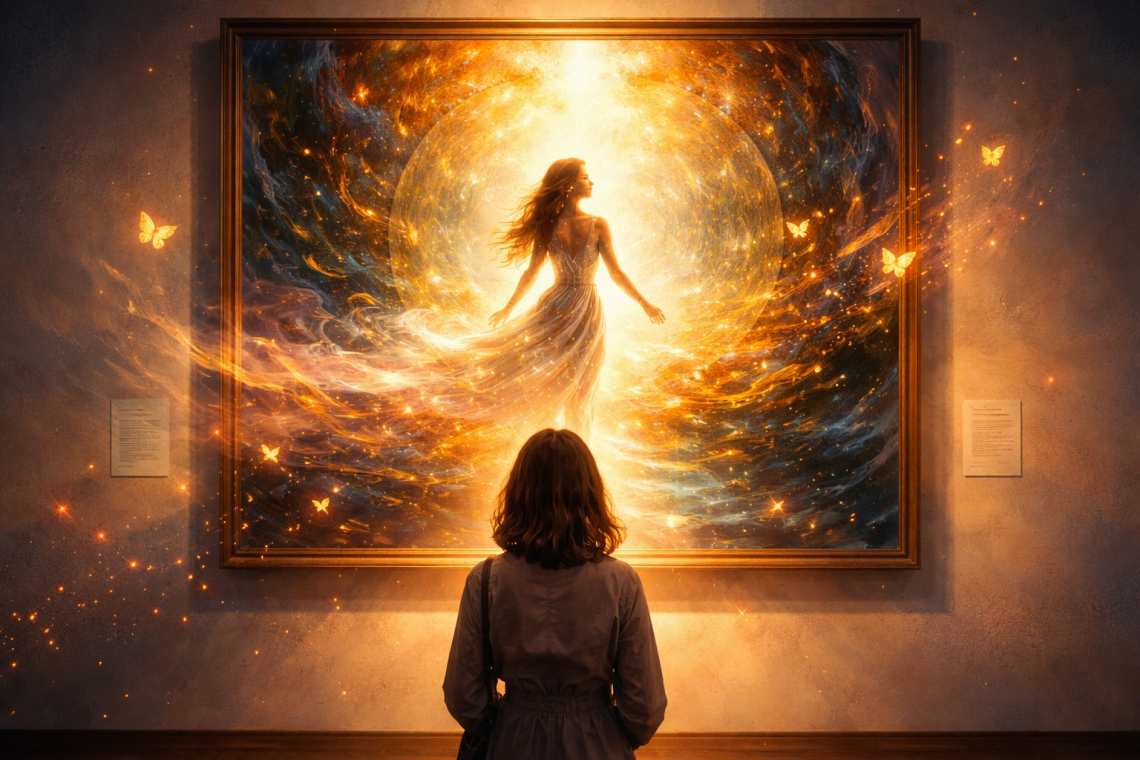 Una ragazza osserva un quadro in un museo che sembra prendere vita davanti ai suoi occhi. forse la ragazza si mette nei panni della fanciulla in esso rappresentata. MUSEI INTERPRETI CULTURALI